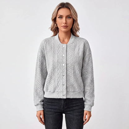 Women's Cable Knit Bomber Jacket Snap-Button Cropped Winter Cardigan Edenforth