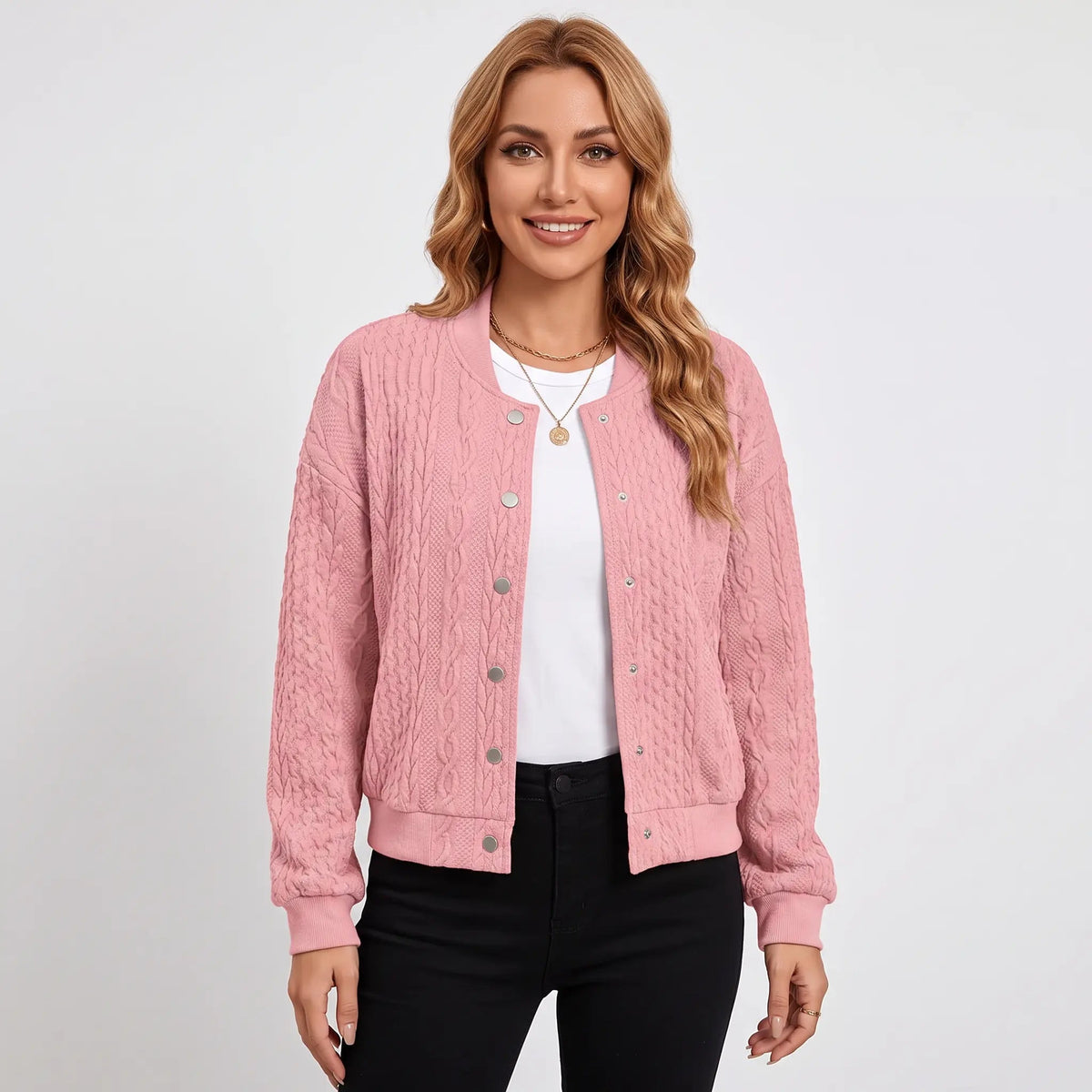 Women's Cable Knit Bomber Jacket Snap-Button Cropped Winter Cardigan Edenforth