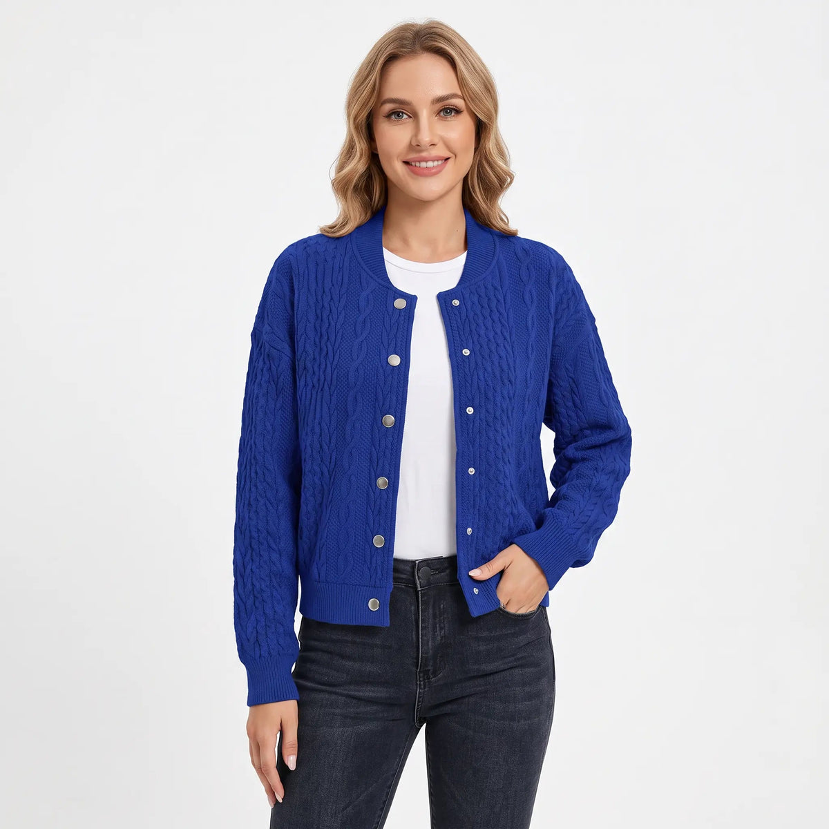 Women's Cable Knit Bomber Jacket Snap-Button Cropped Winter Cardigan Edenforth