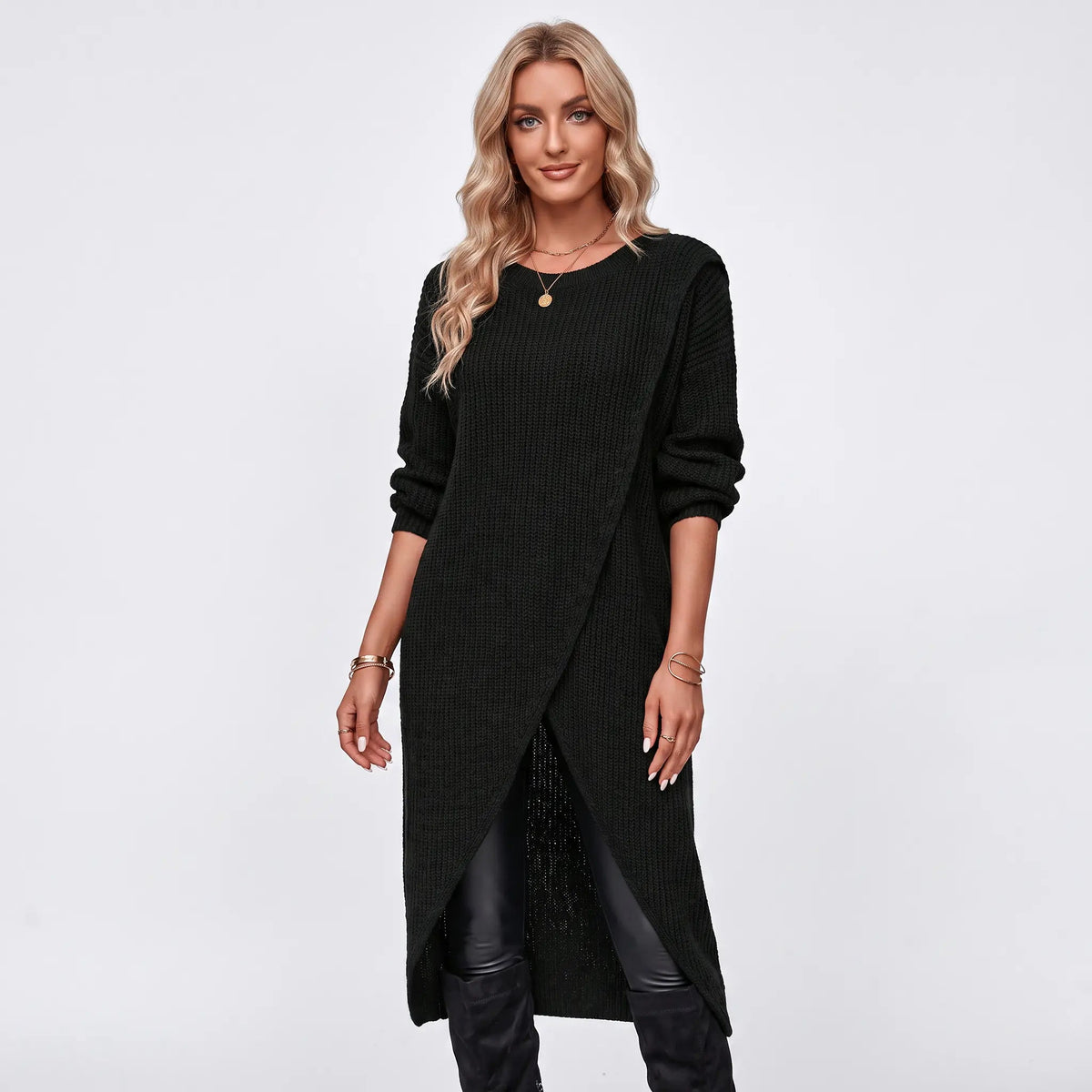 Women's Wrap Front Sweater Winter Dress Long-Sleeve Knit Tunic Edenforth