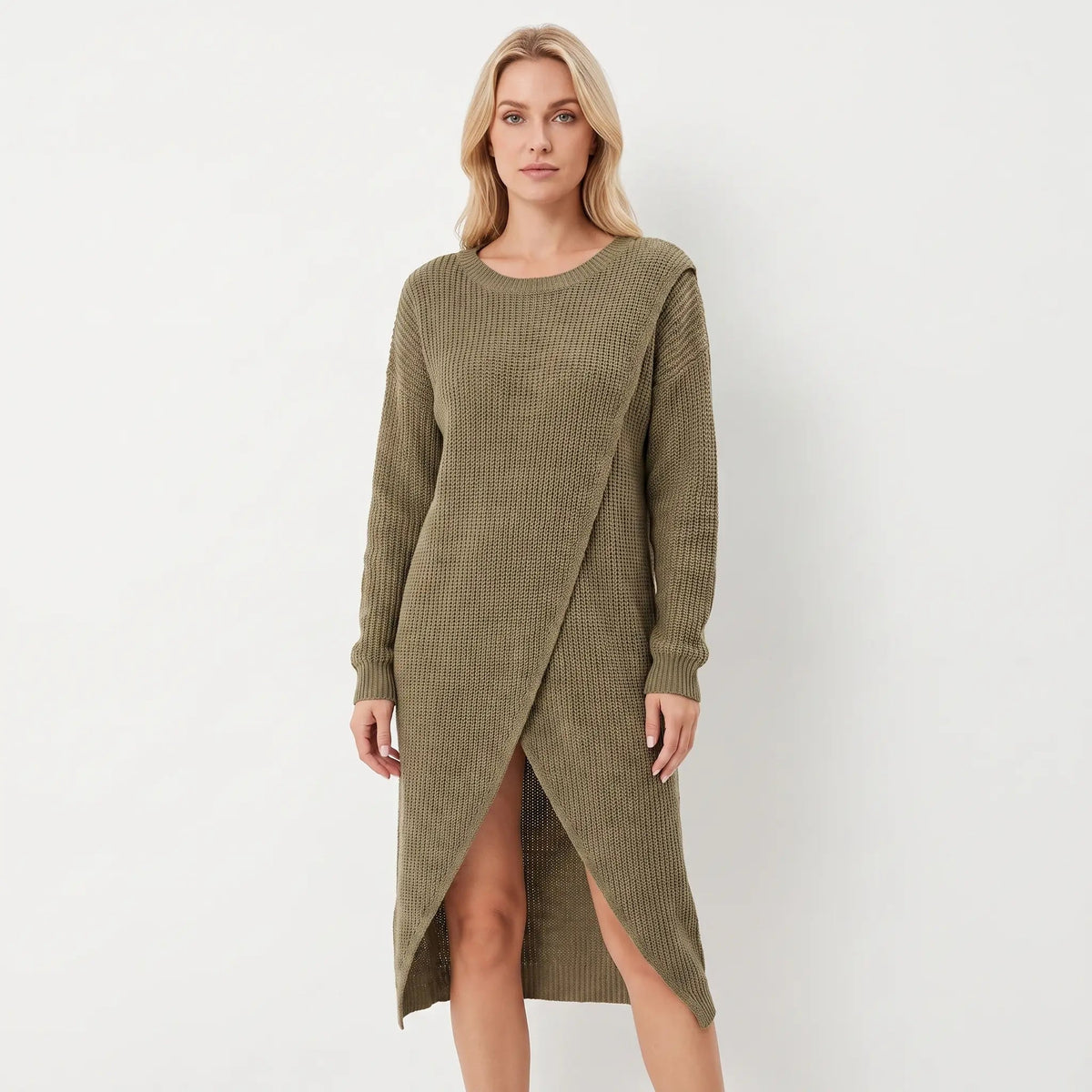 Women's Wrap Front Sweater Winter Dress Long-Sleeve Knit Tunic Edenforth
