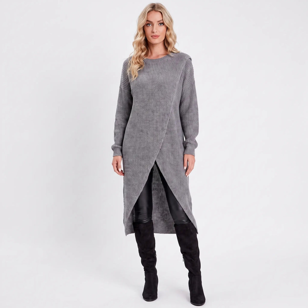 Women's Wrap Front Sweater Winter Dress Long-Sleeve Knit Tunic Edenforth