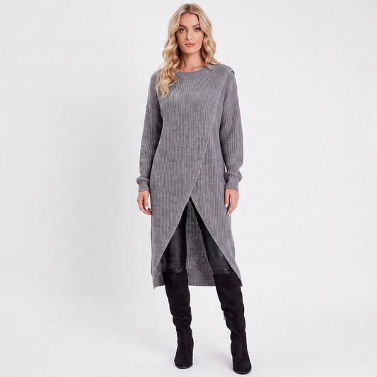 Women's Wrap Front Sweater Winter Dress Long-Sleeve Knit Tunic Edenforth
