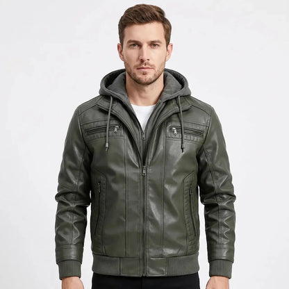 Men's Leather Removable Hood Zip-Up Moto Fall Jacket Edenforth