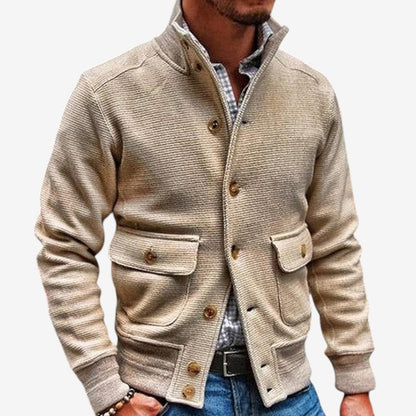 Men's Stand-Collar Jacket Button Pockets Polyester Long-Sleeve Beige