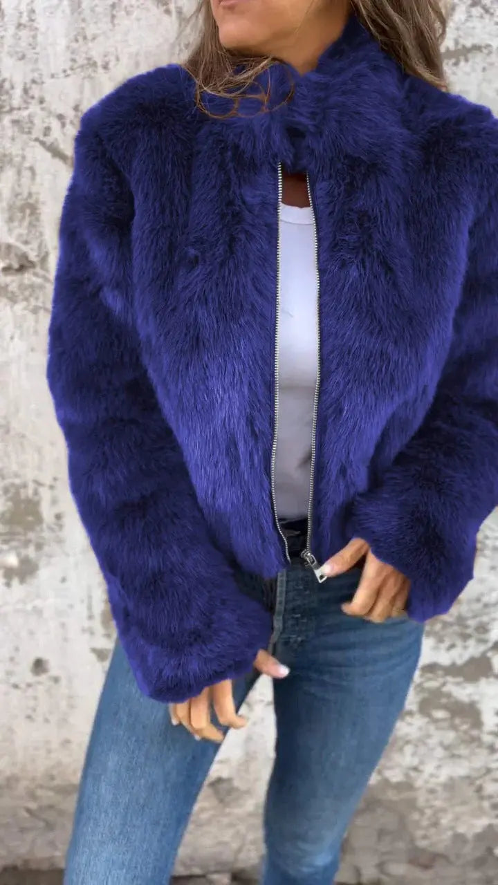 Women's Faux-Fur Cropped Plush Zip-Up Faux-Fur Bomber Fall Jacket Edenforth
