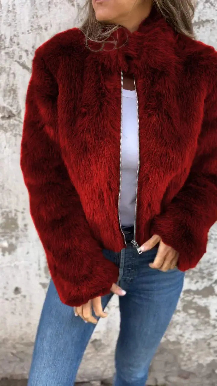 Women's Faux-Fur Cropped Plush Zip-Up Faux-Fur Bomber Fall Jacket Edenforth