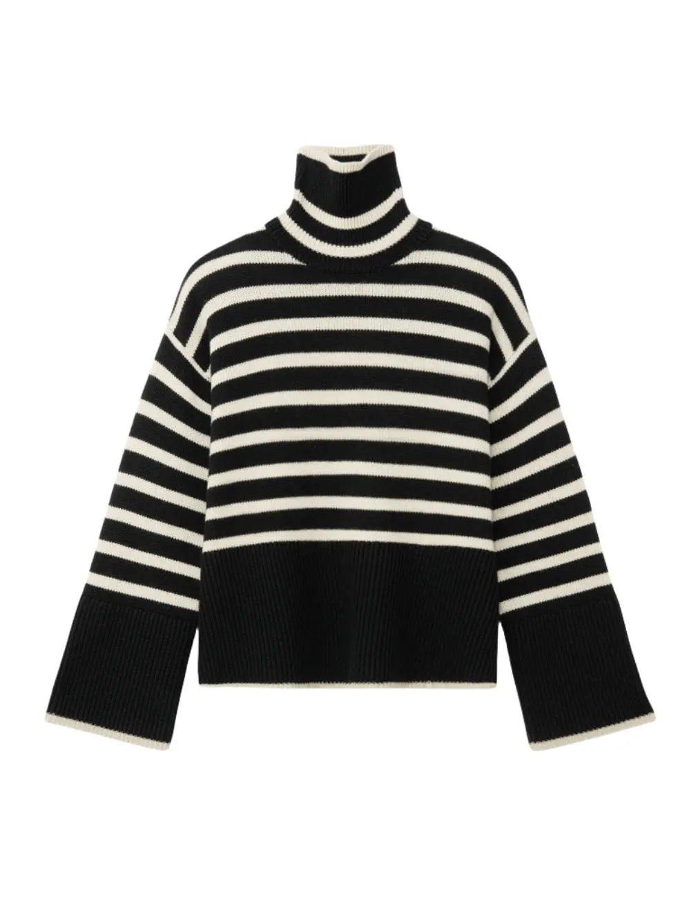 Women's Black And White Stripe Turtleneck Winter Sweater Edenforth