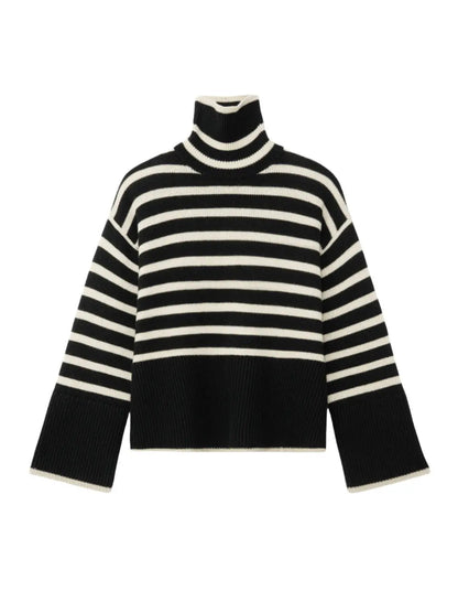 Women's Black And White Stripe Turtleneck Winter Sweater Edenforth