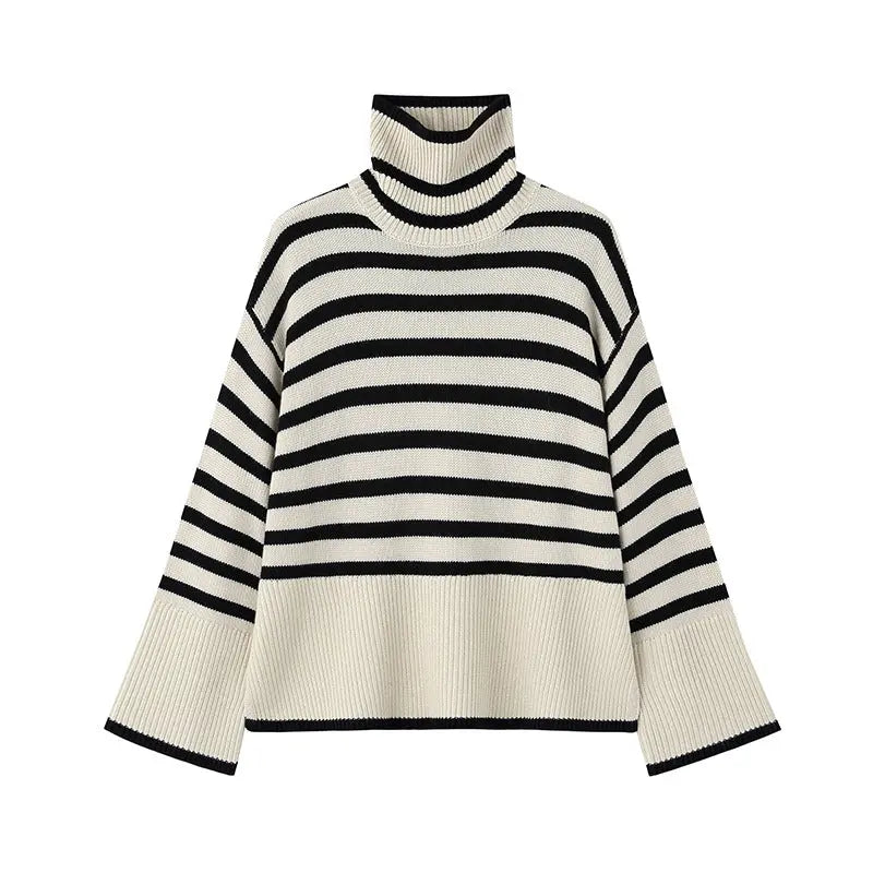 Women's Black And White Stripe Turtleneck Winter Sweater Edenforth