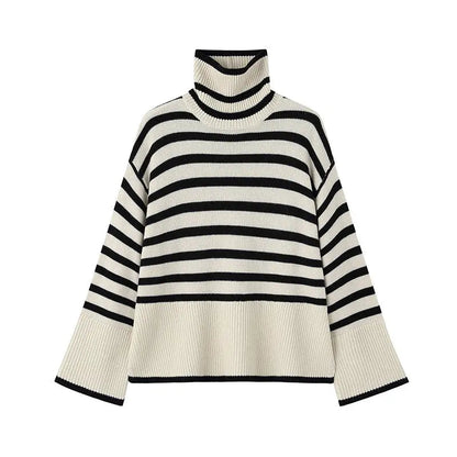 Women's Black And White Stripe Turtleneck Winter Sweater Edenforth