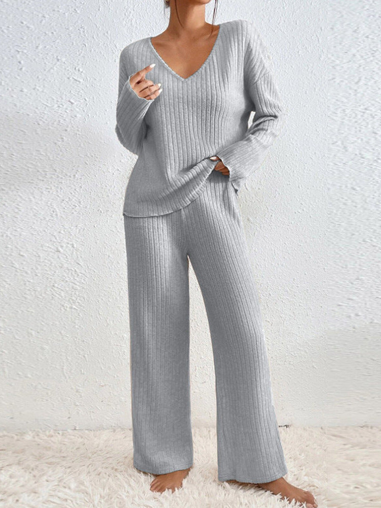 Women's Ribbed Knit V-Neck Top and Wide-Leg Winter Pants Co-ord