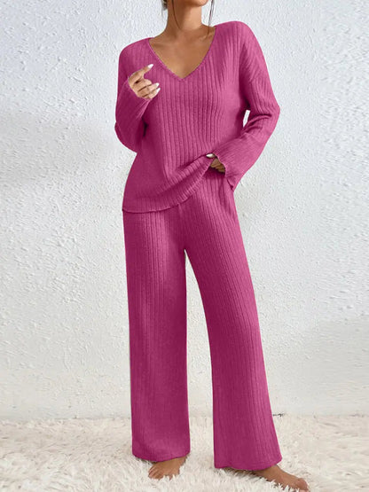 Women's Ribbed Knit V-Neck Top and Wide-Leg Winter Pants Co-ord Edenforth