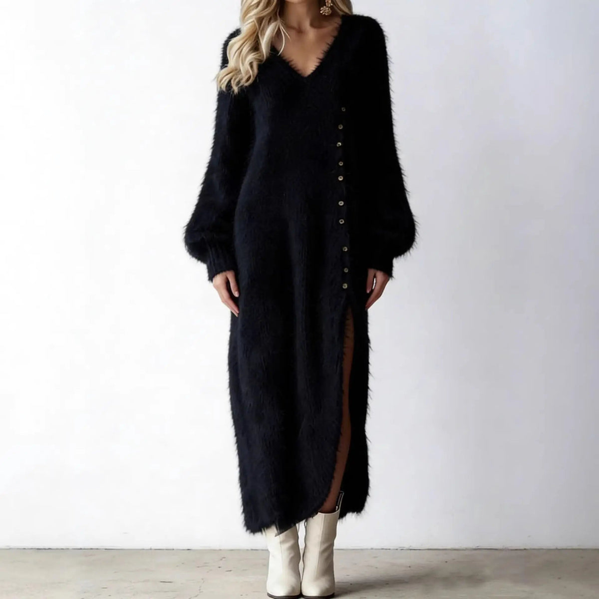 Women's Fuzzy Knit Button Front Balloon Sleeve Midi Winter Dress Edenforth